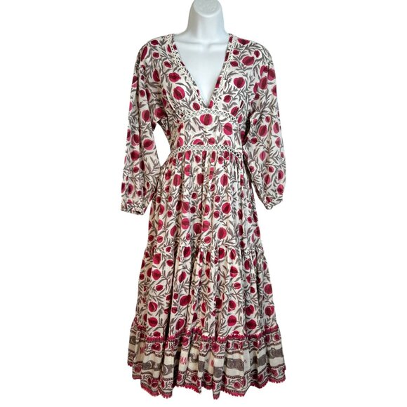 Mo Maya Honeydew Flare Midi Dress Pomegranate Block Printed Pink White M/L - Picture 1 of 11